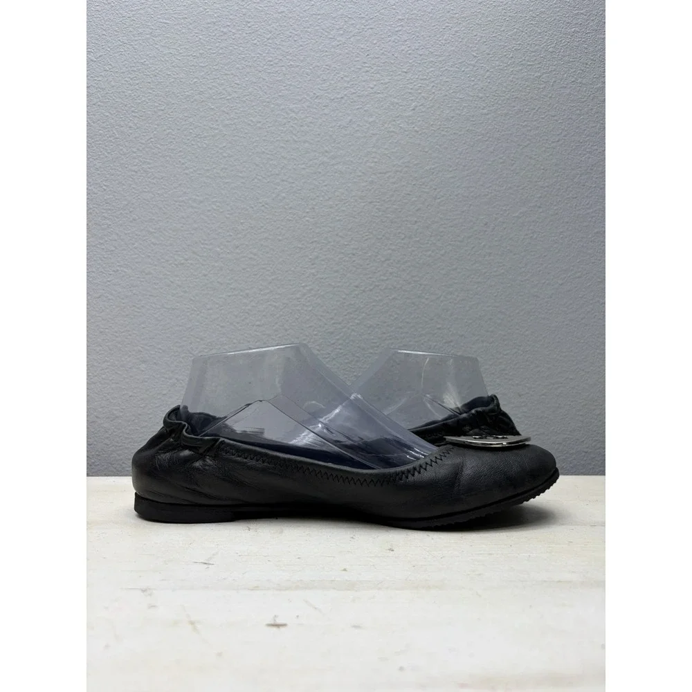 Tory Burch Reva Ballet Flats Womens Size US 9 Black Leather Silver Logo